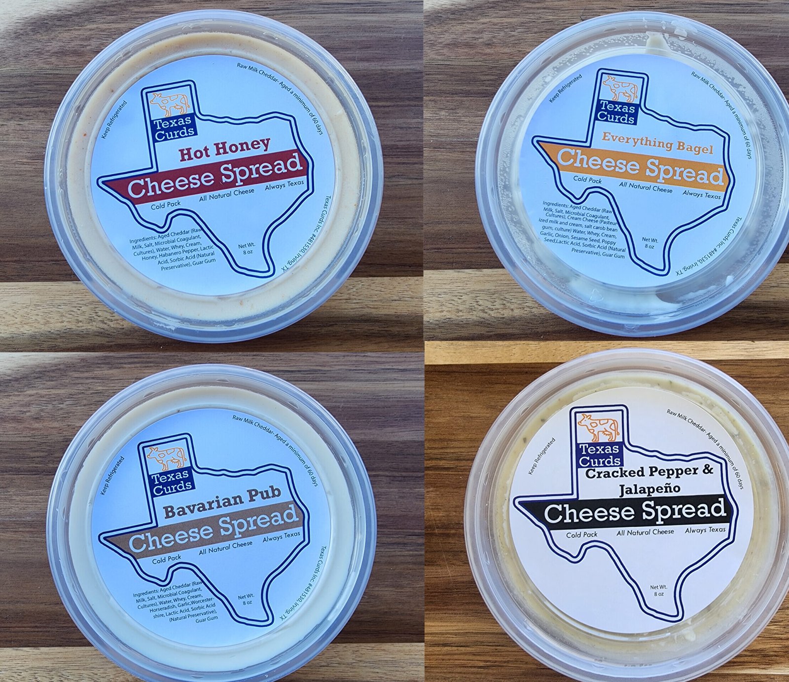 Cheese Spreads by Texas Curds, Hot Honey, Jalapeno Pepper, Bavarian Pub, Everything Bagel